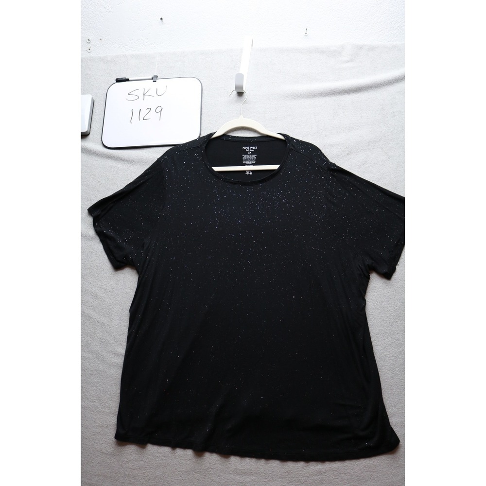 Nine West Top Womens 3X Black Soft Spun Glitter Short Sleeve Crew Tee 213778